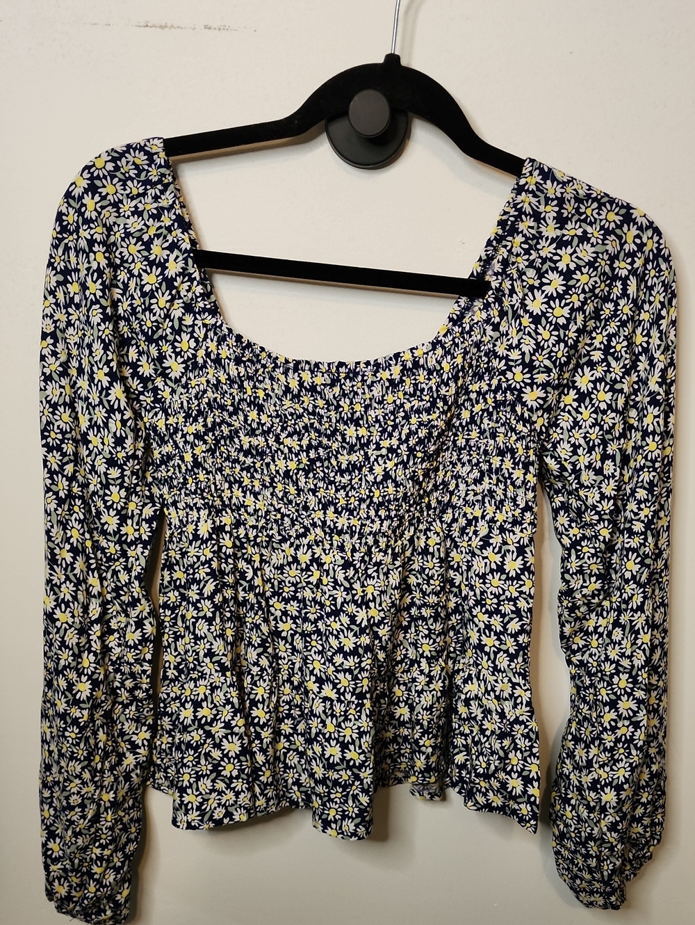 Navy Floral Smocked Peplum Long-Sleeve Blouse